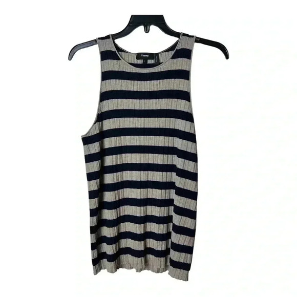 1383. THEORY WOOL CREPE STRIPED TANK TOP SIZE LARGE NAVY BLUE/KHAKI COLOR SZ LG - Picture 4 of 12